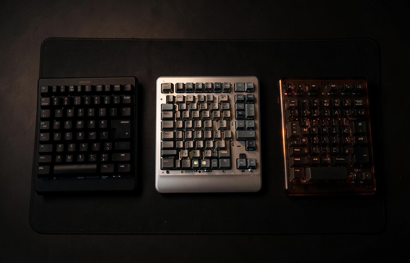 Three custom DMD keyboards on a dark deskmat